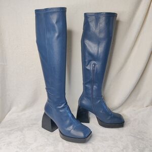 Jeffrey Campbell Dauphin Knee High Boots Platform Heels '90s Square Navy Blue 10